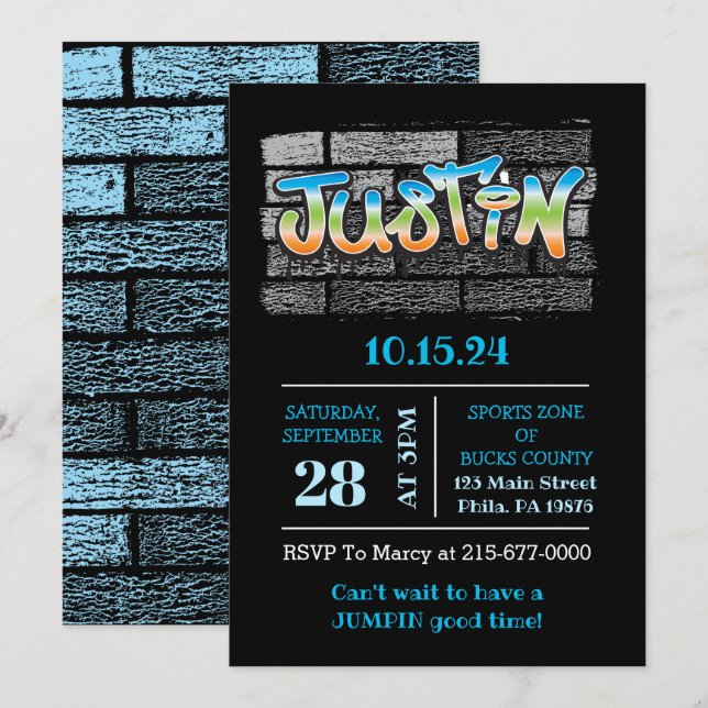 Justin Your Name graffiti Logo Brick Wall Paint Invitation (Front/Back)