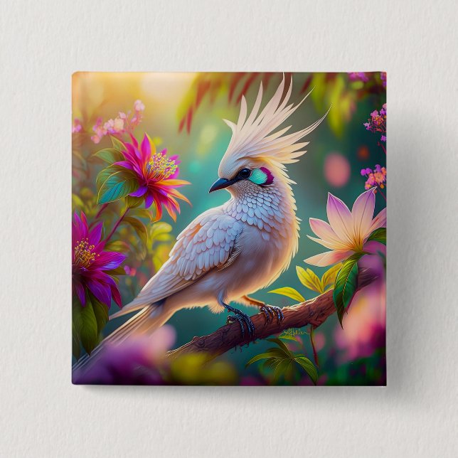 Juvenile Crested Blush Feather Dove Fantasy Bird Button (Front)