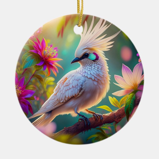 Juvenile Crested Blush Feather Dove Fantasy Bird Ceramic Ornament (Front)