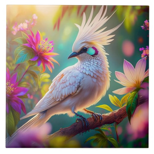 Juvenile Crested Blush Feather Dove Fantasy Bird Ceramic Tile