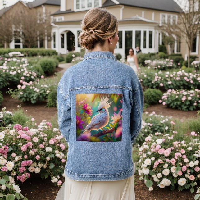 Juvenile Crested Blush Feather Dove Fantasy Bird Denim Jacket (Wedding Back)