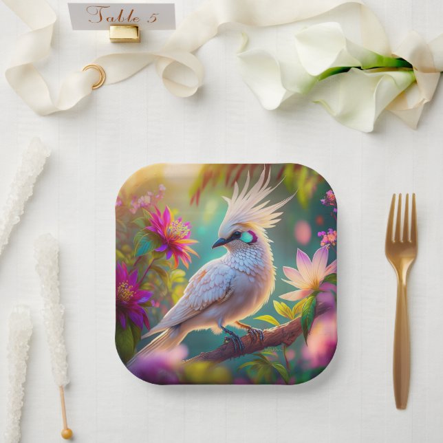 Juvenile Crested Blush Feather Dove Fantasy Bird Paper Plates (Wedding)
