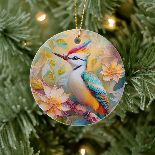 Juvenile Rainbow Woodpecker Fantasy Bird Ceramic Ornament (Tree)