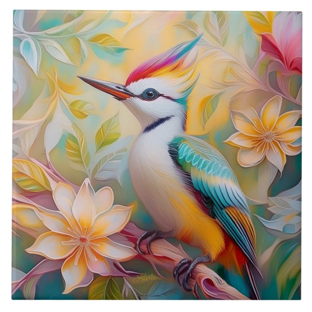 Juvenile Rainbow Woodpecker Fantasy Bird Ceramic Tile (Front)