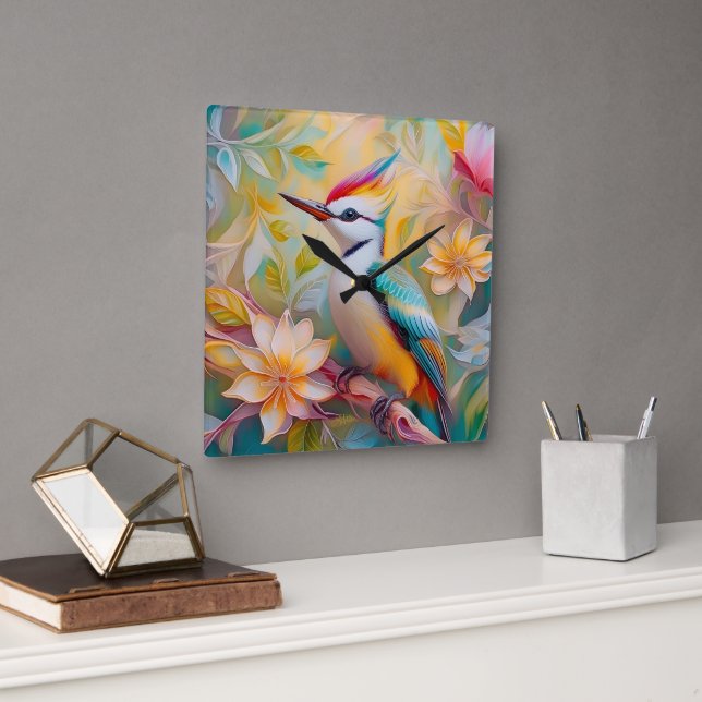 Juvenile Rainbow Woodpecker Fantasy Bird Square Wall Clock (Office)