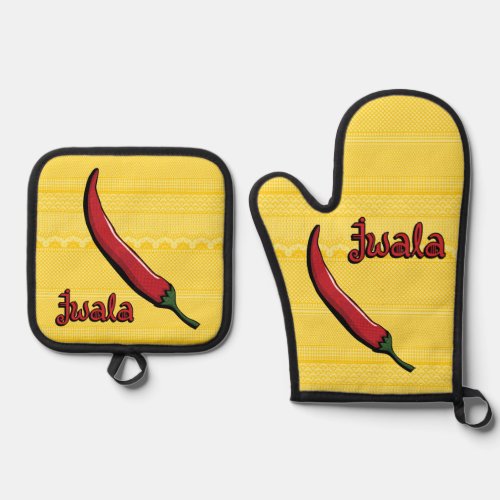 Jwala Chili Pepper Oven Mitt  Pot Holder Set