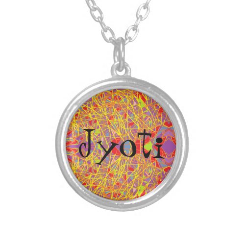 Jyoti name on abstract scribble background silver plated necklace