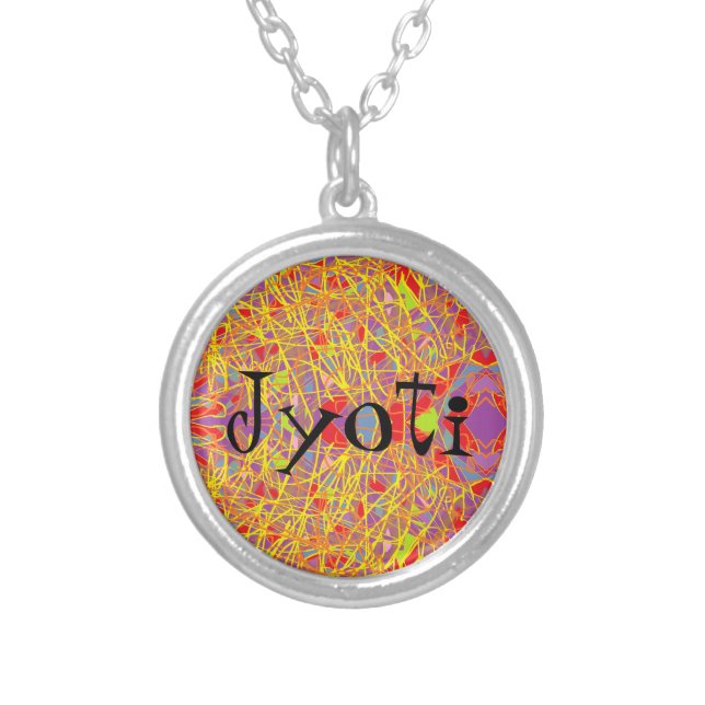 Jyoti name on abstract scribble background silver plated necklace (Front)