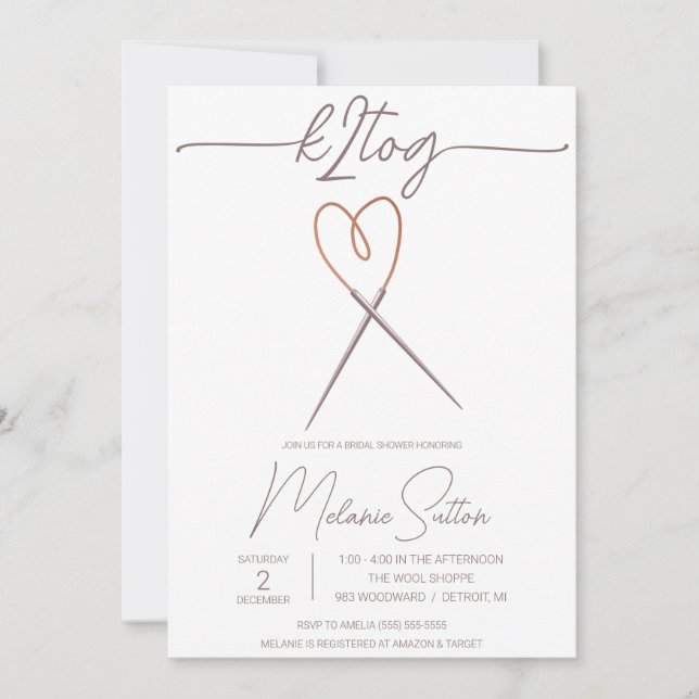 k2tog, Knitting, Heart Cable Needles Bridal Shower Invitation (Front)