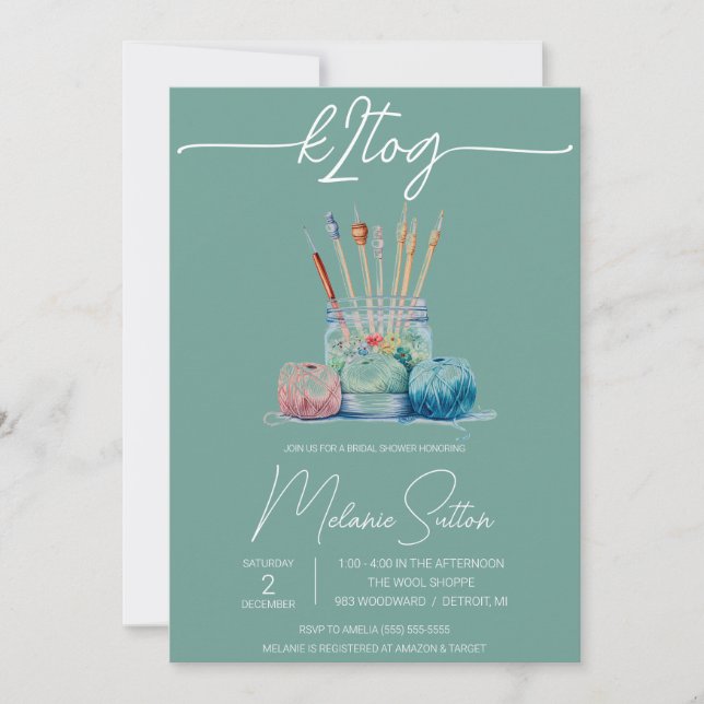 k2tog, Knitting, Jar of Yarn Bridal Shower Invitation (Front)