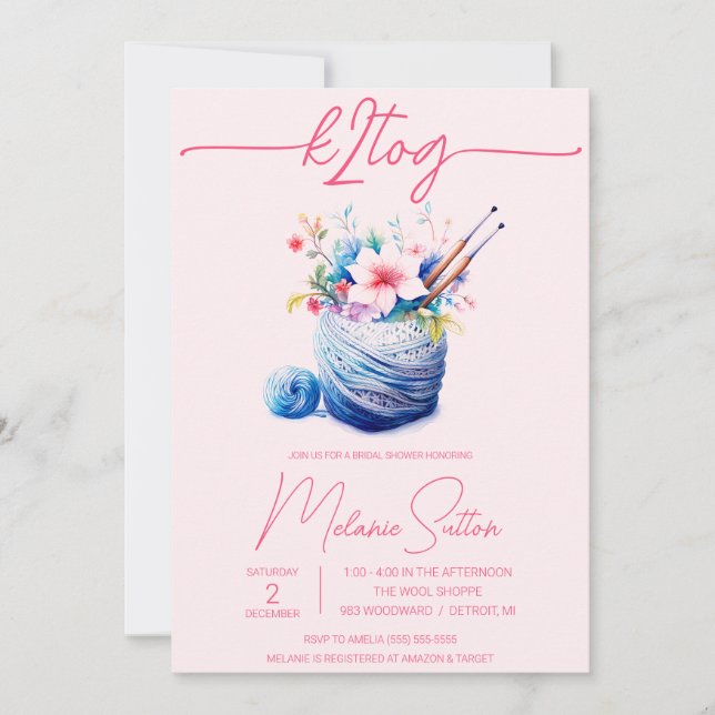 k2tog, Spring Floral, Yarn, Knitting Bridal Shower Invitation (Front)