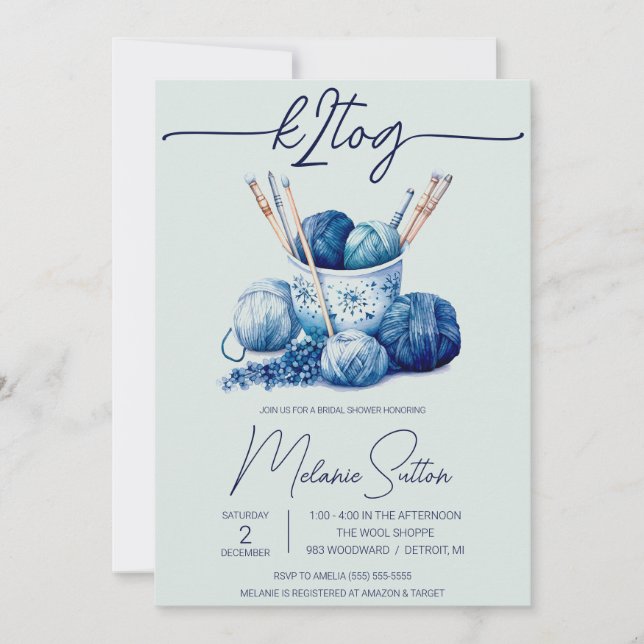 k2tog, Wintery Blue Yarn, Knitting Bridal Shower Invitation (Front)