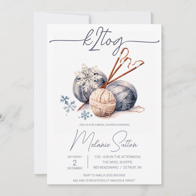 k2tog, Wintery Gray Yarn, Knitting Bridal Shower Invitation (Front)