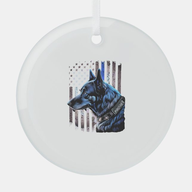 K9 German Shepherd Police Dog Thin Blue Line Flag Glass Ornament (Front)