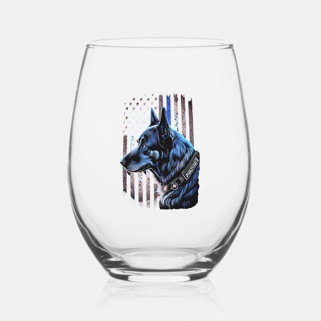 K9 German Shepherd Police Dog Thin Blue Line Flag Stemless Wine Glass (Front)