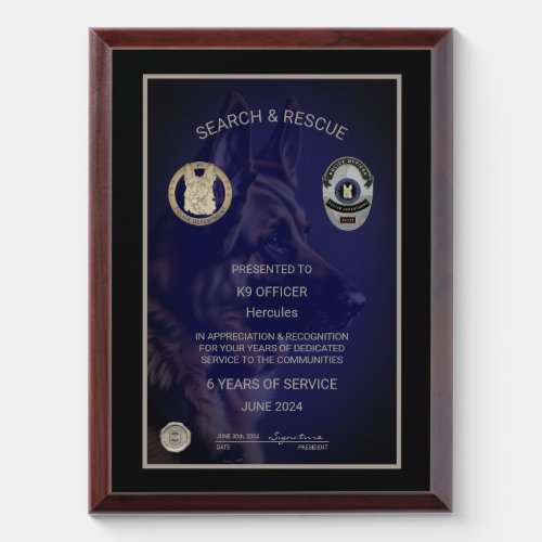 K9 Officer Retirement  Award Plaque