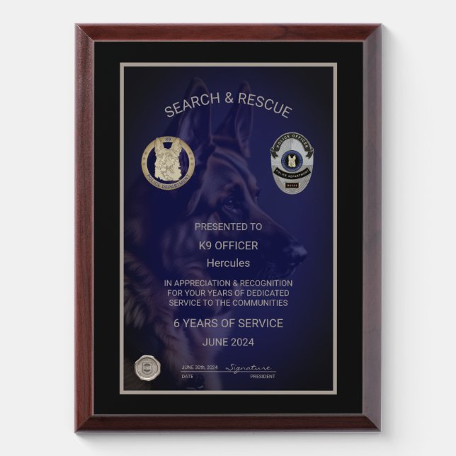 K9 Officer Retirement  Award Plaque (Vertical)