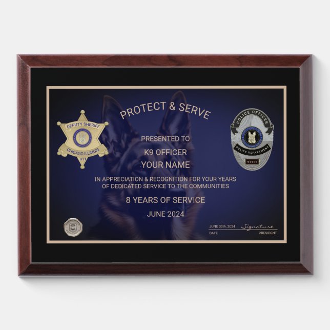 K9 Officer Retirement Award Plaque (Horizontal)