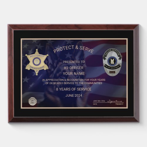 K9 Officer Retirement Award Plaque