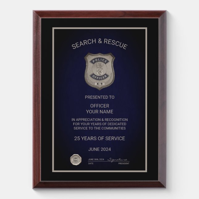 K9 Officer Retirement Award Plaque (Vertical)