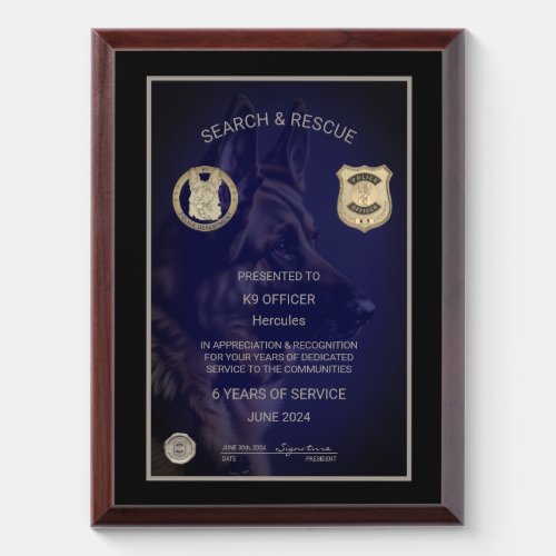 K9 Officer Retirement  Award Plaque