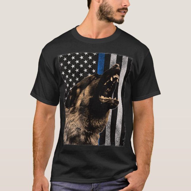 K9 Police Dog Handler Blue Line German Sheperd T-Shirt (Front)