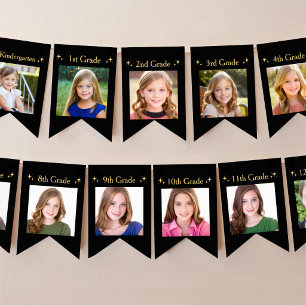 K-12 Photo Black and Gold High School Graduation Bunting Flags