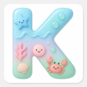 "K" Cute Letter - Underwater Sea Creatures Square Sticker