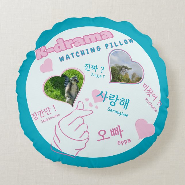 K drama 2 Photo Collage korean typography watching Round Pillow (Front)