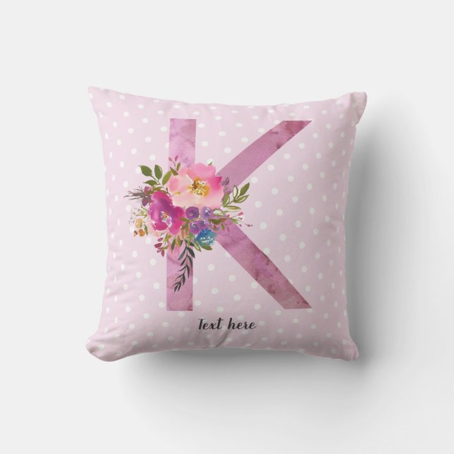 k, Floral Monogram initial , watercolor flower Throw Pillow (Front)