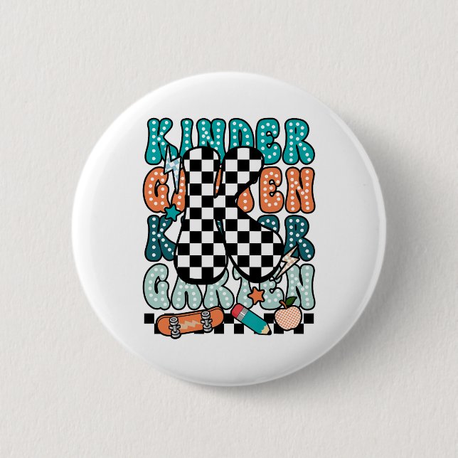 K Kindergarten Teacher Checkered Back To School Ki Button (Front)