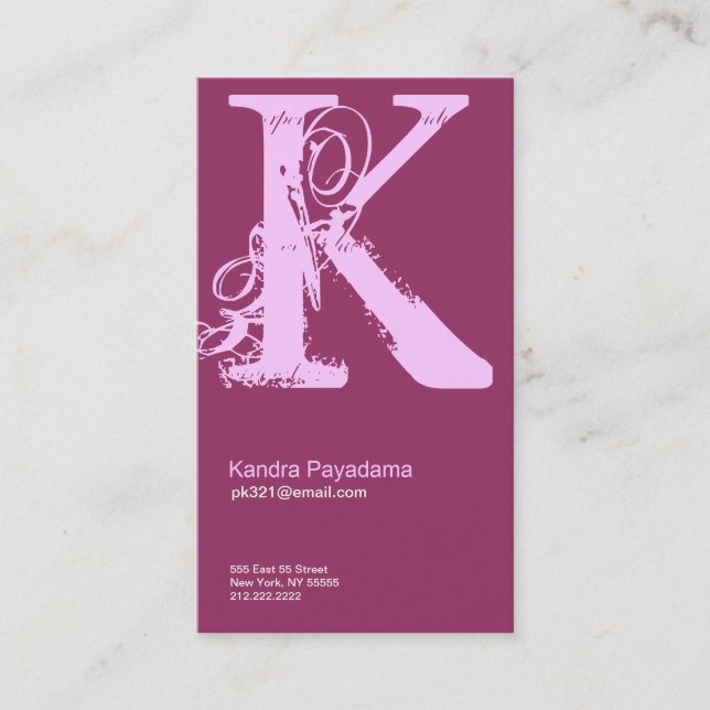 K Letter Alphabet Business Card Pink Purple (Front)