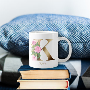 K Letter Gold Monogram Pink Roses Floral Giant Coffee Mug