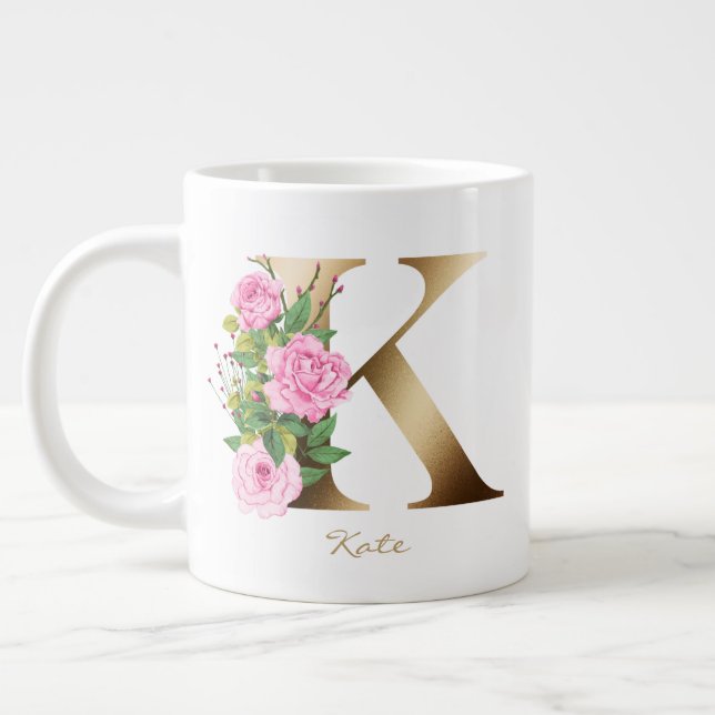 K Letter Gold Monogram | Pink Roses Floral Giant Coffee Mug (Left)