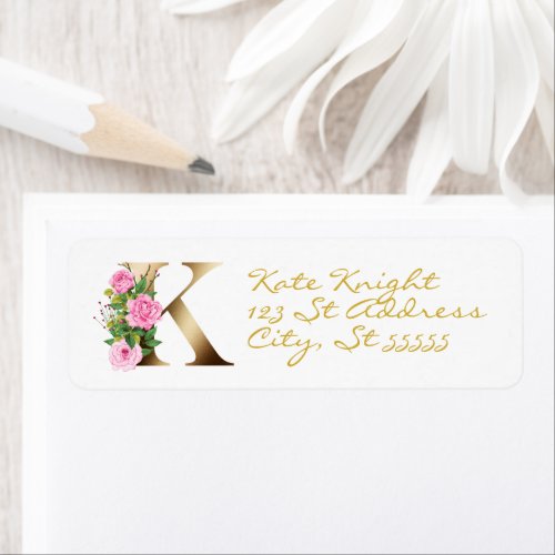 K Letter Gold Monogram  Pink Roses Floral Label
