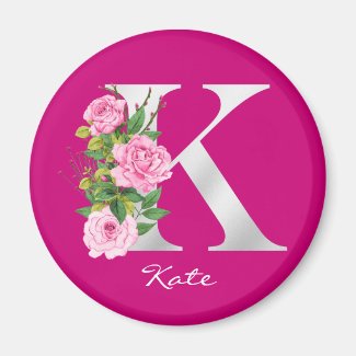 K Letter Metallic White Monogram Pink Roses | Name Magnet