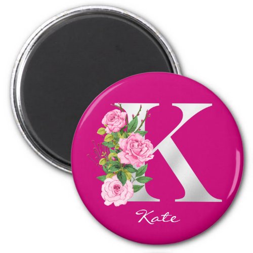 K Letter Metallic White Monogram Pink Roses  Name Magnet