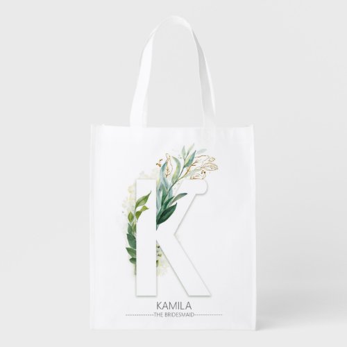 K Letter Monogram Elegant Gold Greenery Foliage Grocery Bag