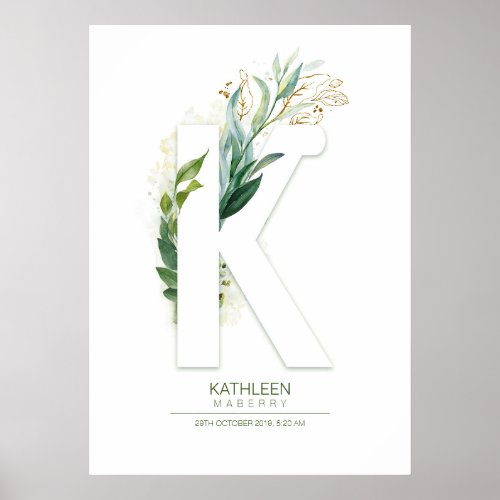 K Letter Monogram Gold Greenery Foliage Chic Poster