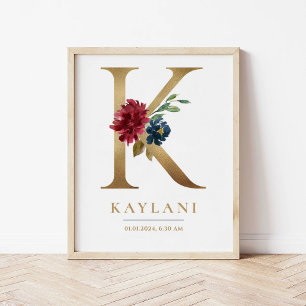 K Letter Monogram Name Marsala Floral Nursery Poster