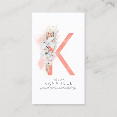 K Letter Monogram White Orchids and Pampas Grass Business Card
