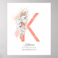 K Letter Monogram White Orchids and Pampas Grass Poster