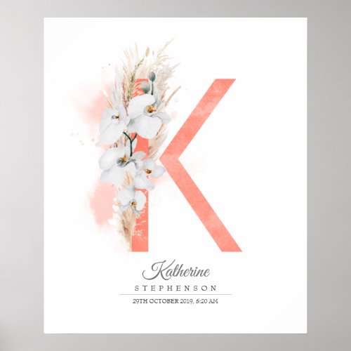 K Letter Monogram White Orchids and Pampas Grass Poster