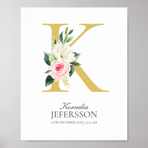 K Letter Monogram with Flowers Poster