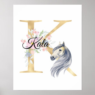 K letter personalized name monogram with horse poster