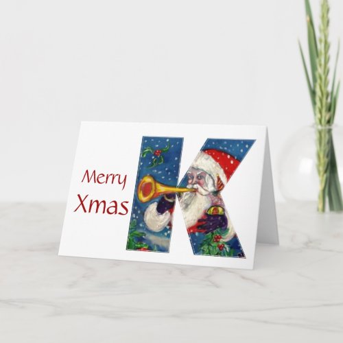 K LETTER  SANTA BUGLER MONOGRAM HOLIDAY CARD