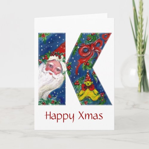 K LETTER  SANTA CLAUS WITH RED RIBBON MONOGRAM HOLIDAY CARD