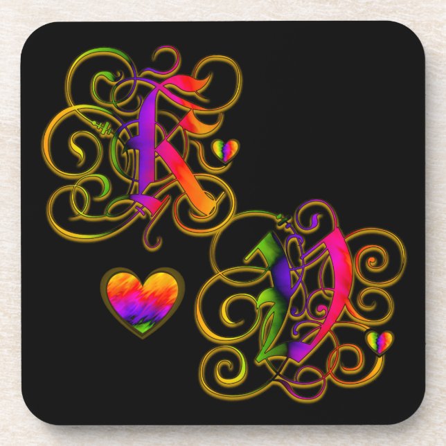 K Loves V on Black Coaster with Hearts (Front)