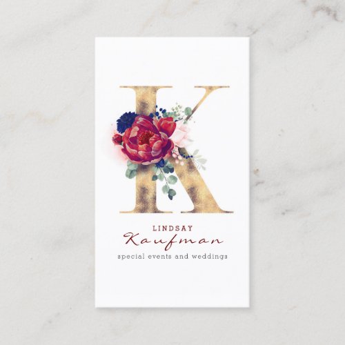 K Monogram Burgundy Gold and Navy Blue Floral Business Card