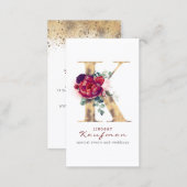 K Monogram Burgundy Red Florals and Gold Glitter Business Card (Front/Back)